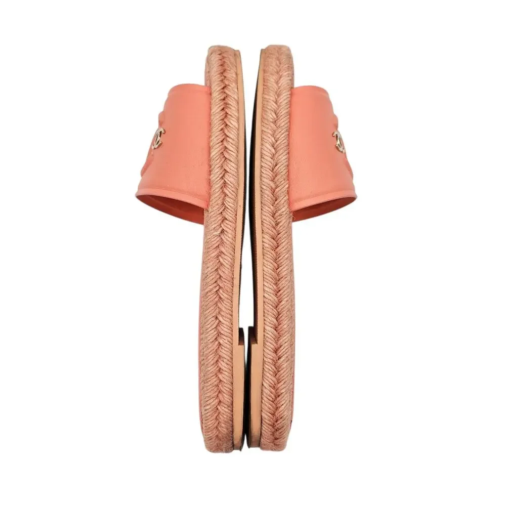 Chanel CC Logo Orange Coral Leather Flat Slide Sandal Jute Size 41 10 10.5